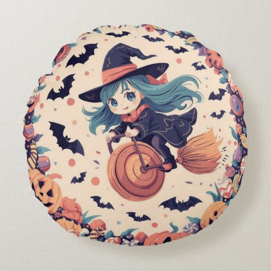 Coussins Ronds Flying Witch with Pumpkins Round Pillow (Devant)