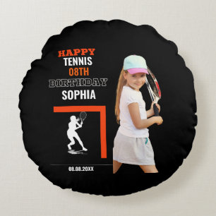 Coussins Ronds Fond de décor d'anniversaire de tennis, joueuse de