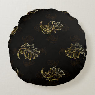 Coussins Ronds Fond noir élégant avec feuille d'or intricate
