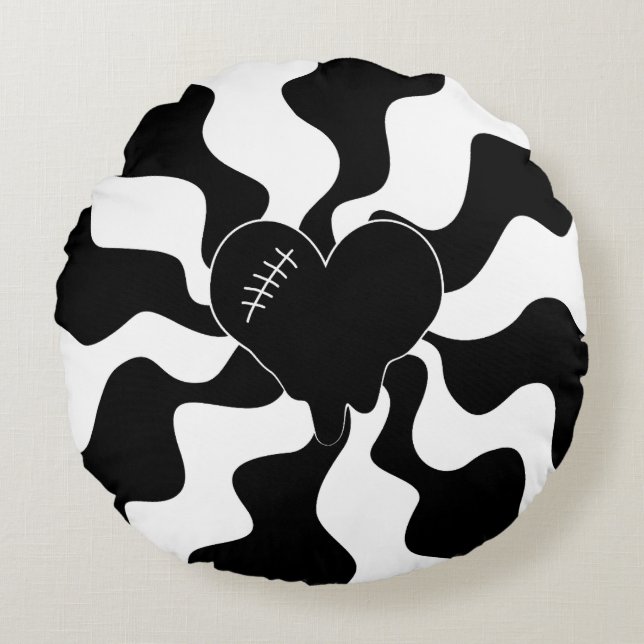 Coussins Ronds Fonte cardiaque en noir et blanc (Devant)