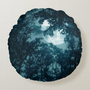 Coussins Ronds Forêt nocturne enchantée avec pleine lune