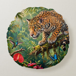 Coussins Ronds Forêt tropicale Jaguar Colibris Papillons Fleurs