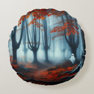 Coussins Ronds Forêts éffrayantes d'automne avec un fantôme