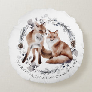 Coussins Ronds Fox Couple hiver Wreath Noël Personnalisé