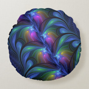 Coussins Ronds Fractale Abstraite Lumineuse Colorée Bleu Rose Ver