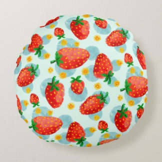 Coussins Ronds Fraises et marguerites Aquarelle bleue