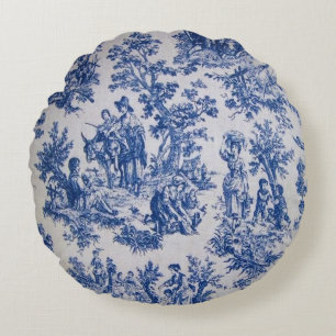 Coussins Ronds Française toile de jouy bleu et blanc élégant