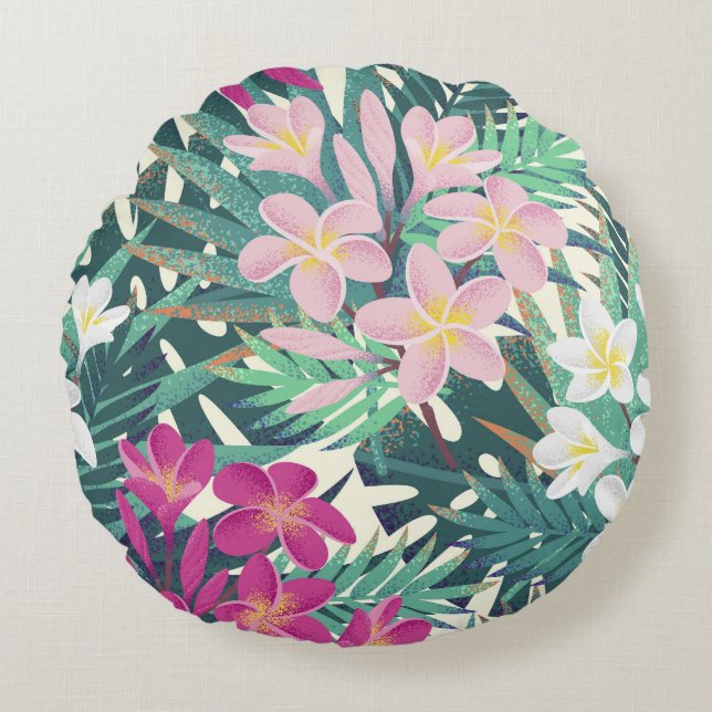 Coussins Ronds Frangipani Tropical : Vintage rose-blanc. (Devant)