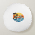 Coussins Ronds Frank Retro Sunset Name Design<br><div class="desc">Retro sunset style design featuring the name Frank with vintage palm trees, ocean waves, and birds. Perfect personalized gift idea for anyone named Frank with a classic retro beach sunset aesthetic.</div>