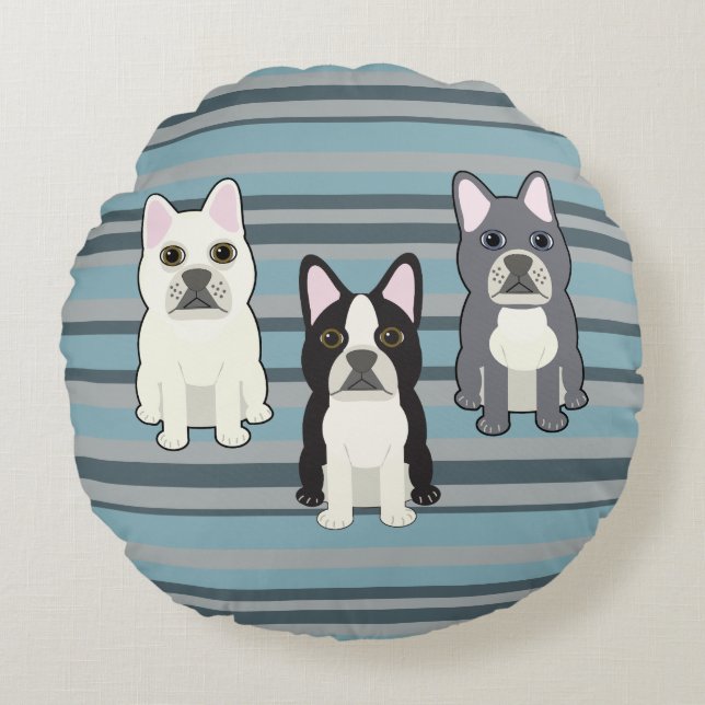 Coussins Ronds Frenchies rayé bleu (Devant)