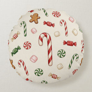 Coussins Ronds Friandises de Noël et cannes à sucre, fond beige
