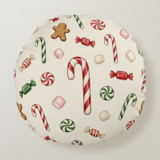 Coussins Ronds Friandises de Noël et cannes à sucre, fond beige