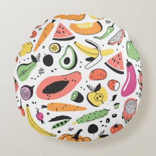 Coussins Ronds Fruits, légumes motif dessinés main.