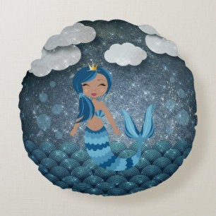 Coussins Ronds Fun Whimsal bleu et turquoise sirène et mer