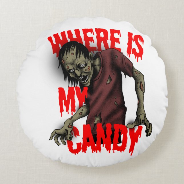 Coussins Ronds Funny Halloween Zombie Pillow – “Where Is My Candy (Devant)