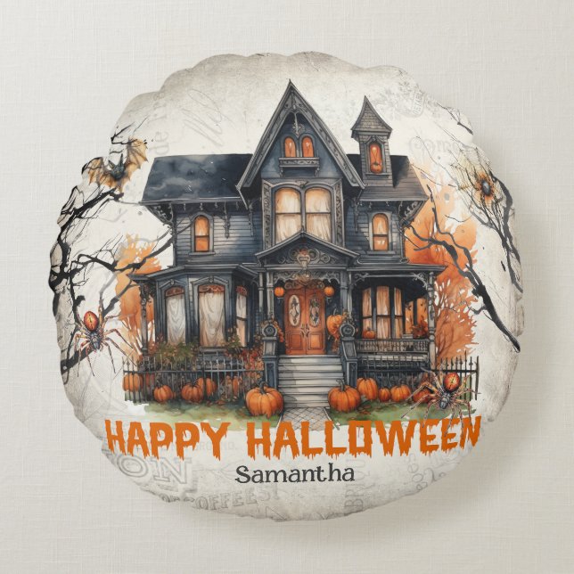 Coussins Ronds Funny rétro éffrayant Halloween maison hantée (Devant)