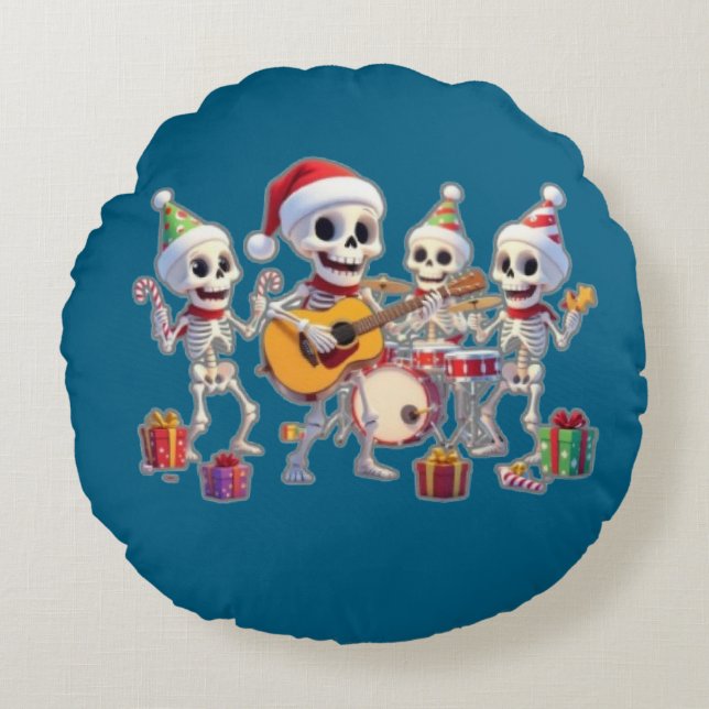 Coussins Ronds Funny Skeleton Band Christmas & New Year – 3D Cart (Devant)