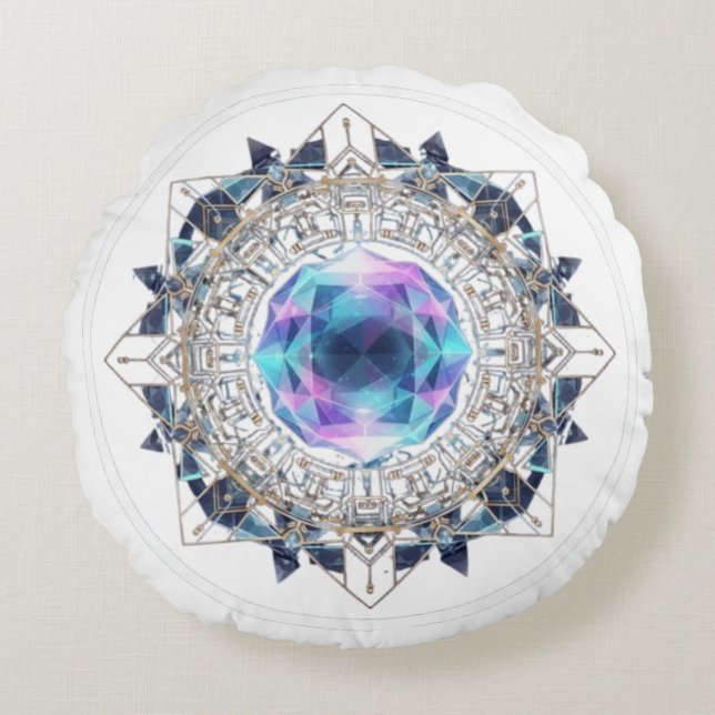 Coussins Ronds Futuristic Crystal Mandala – Geometric Tech Art (Devant)