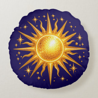 Coussins Ronds Galaxie Soleil et Étoiles Faux Or Bleu Nuit