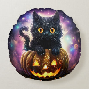 Coussins Ronds Galaxy Citrouille de chat noir