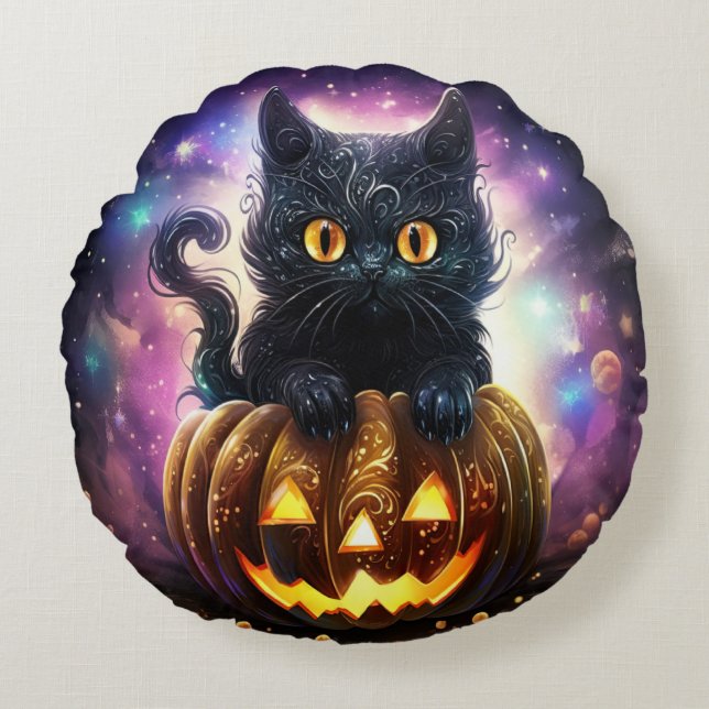 Coussins Ronds Galaxy Citrouille de chat noir (Devant)