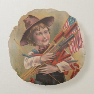Coussins Ronds Garçon avec Feux d'Artifice, Drapeau Américain, Im