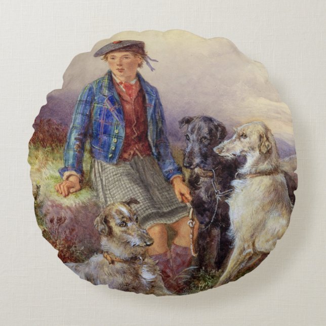 Coussins Ronds Garçon écossais avec des chiens-loup dans un (Devant)