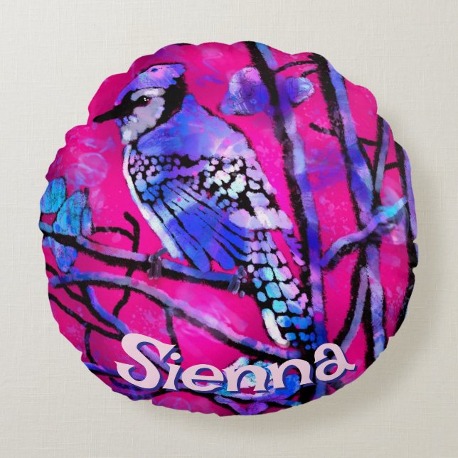Coussins Ronds Geai bleu arbre branche rose personnalisé  (Devant)