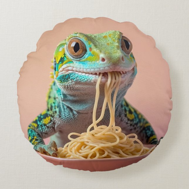 Coussins Ronds Gecko Drôle Manger Spaghetti (Devant)
