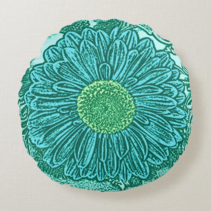 Coussins Ronds Gerbera Daisy Block Imprimer, Turquoise et Aqua