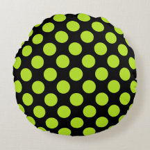 Giant Lime Green Polka Dots on Black Round Pillow