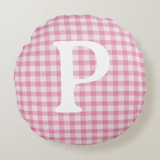 Coussins Ronds Gingham Initial Personnalisé Rose Bébé (Devant)