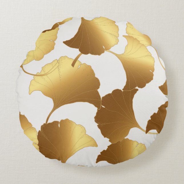 Coussins Ronds Ginkgo Gold : Design Vintage de luxe. (Devant)