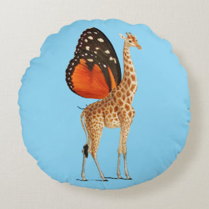 Coussins Ronds Girafe à papillon (BLUE BKGRD