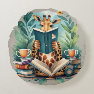 Coussins Ronds Giraffe anthropomorphique lire un livre