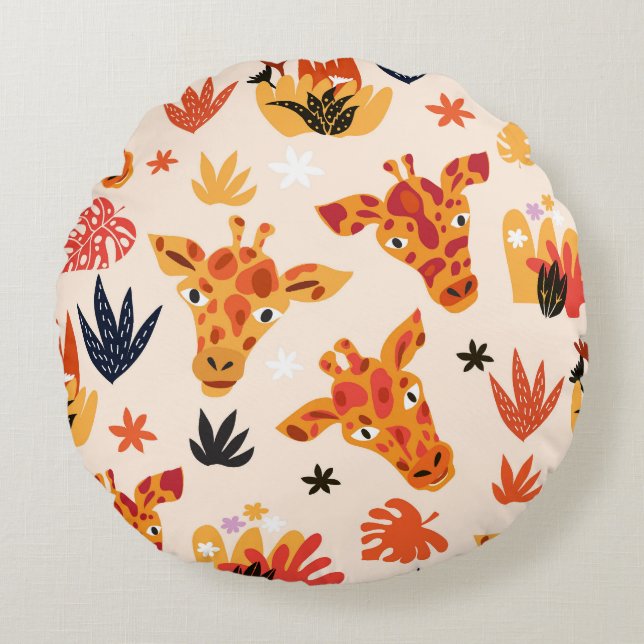 Coussins Ronds Giraffe de dessin : Floral Savanna Motif (Devant)