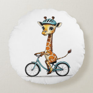 Coussins Ronds Giraffe Riding a Bicycle - Crayon à main