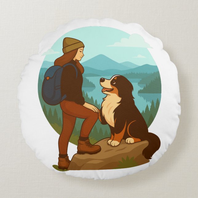 Coussins Ronds Girl and Mountain Dog Adventure Illustration (Devant)