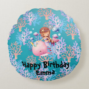 Coussins Ronds Girl mermaid Unicorn sous le dégradé de l'arc-en-c