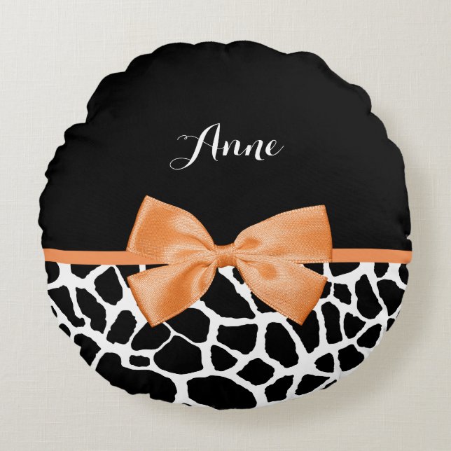 Coussins Ronds Girly Giraffe Imprimer Bow en ruban orange avec no (Devant)