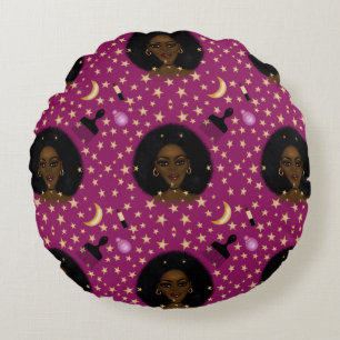 Coussins Ronds Glam Black Woman Afran Hair pic rouge à lèvres ros