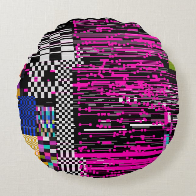 Coussins Ronds Glitched retro VHS screen with flickers and broken (Devant)