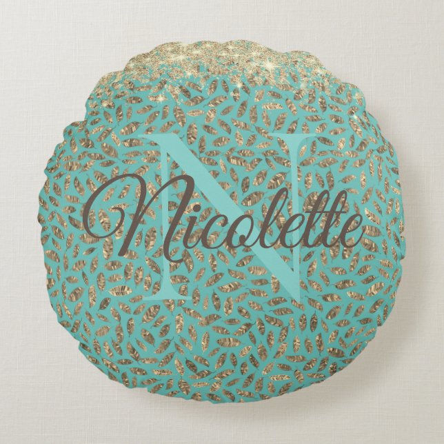 Coussins Ronds Glitterie or Monogramme sur Turquoise (Devant)
