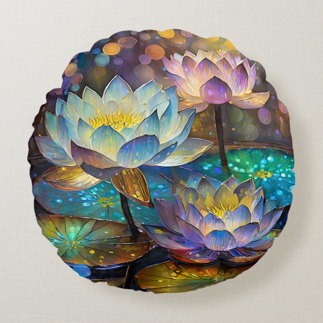 Coussins Ronds Glowing Lotus Flowers Trio (Devant)
