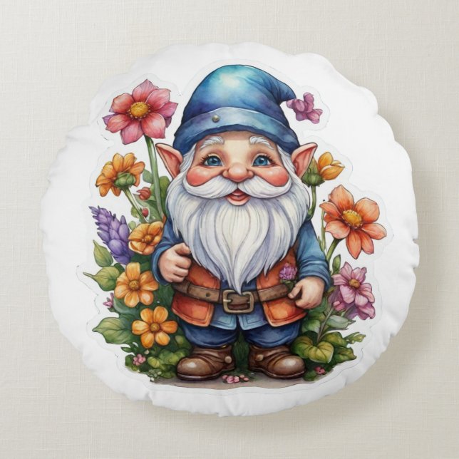 Coussins Ronds Gnome Et Fleurs 2 (Devant)
