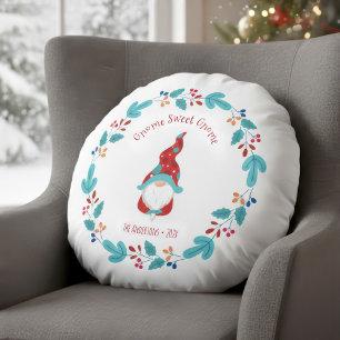 Coussins Ronds Gnome Sweet Gnome Cute Elf Moderne Fleur Wreath