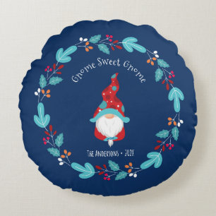 Coussins Ronds Gnome Sweet Gnome Elf Moderne Floral Wreath Bleu