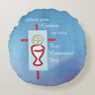 Coussins Ronds Godson, première communion sainte, bleu