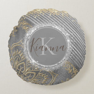 Coussins Ronds Gold Glittery Lotus Mandala sur le monogramme SIlv