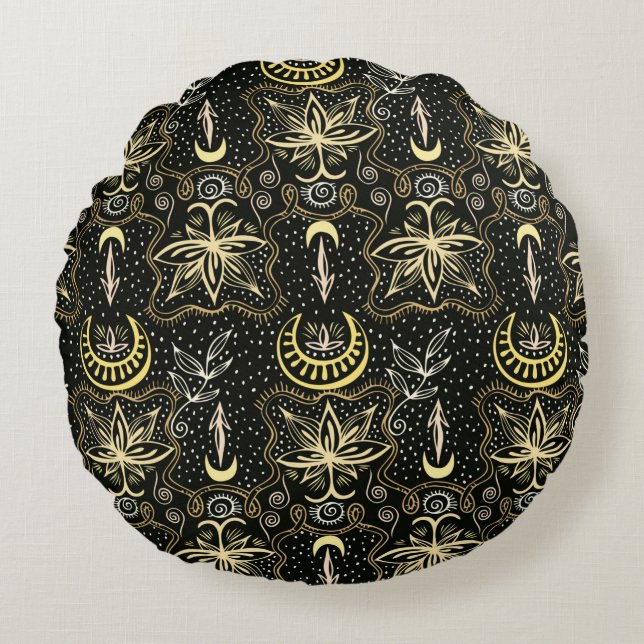 Coussins Ronds Gold lotuses seamless crescent pattern. Golden col (Devant)